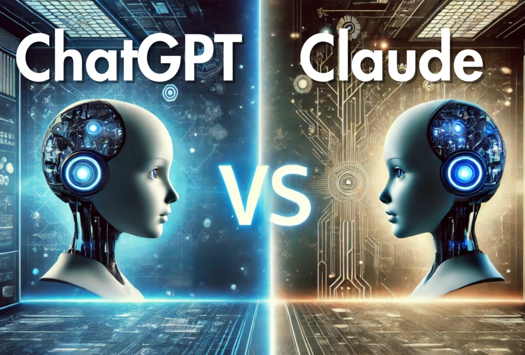 A futuristic digital illustration of two AI chatbot representations, ChatGPT and Claude, facing each other with a ‘VS’ in the middle, symbolizing a comparison between the two leading AI models in 2025.