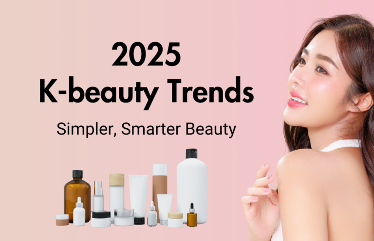 Smiling Korean woman with glowing skin posing against a soft pink background, alongside minimalist skincare bottles and packaging. Text reads '2025 K-beauty Trends – Simpler, Smarter Beauty' highlighting the latest innovations in Korean skincare.